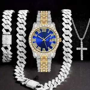 Silver & Gold Two-Tone Hip Hop Jewelry & Watch Set – Ultimate Fashion Gift for Rappers & Street Style Icons | Dazzling Full Diamond Cuban Chain, Cross Pendant, Bracelet  Luxury Blue Dial Watch | Perfect Birthday/Anniversary Bling for Hip Hop Enthusiasts