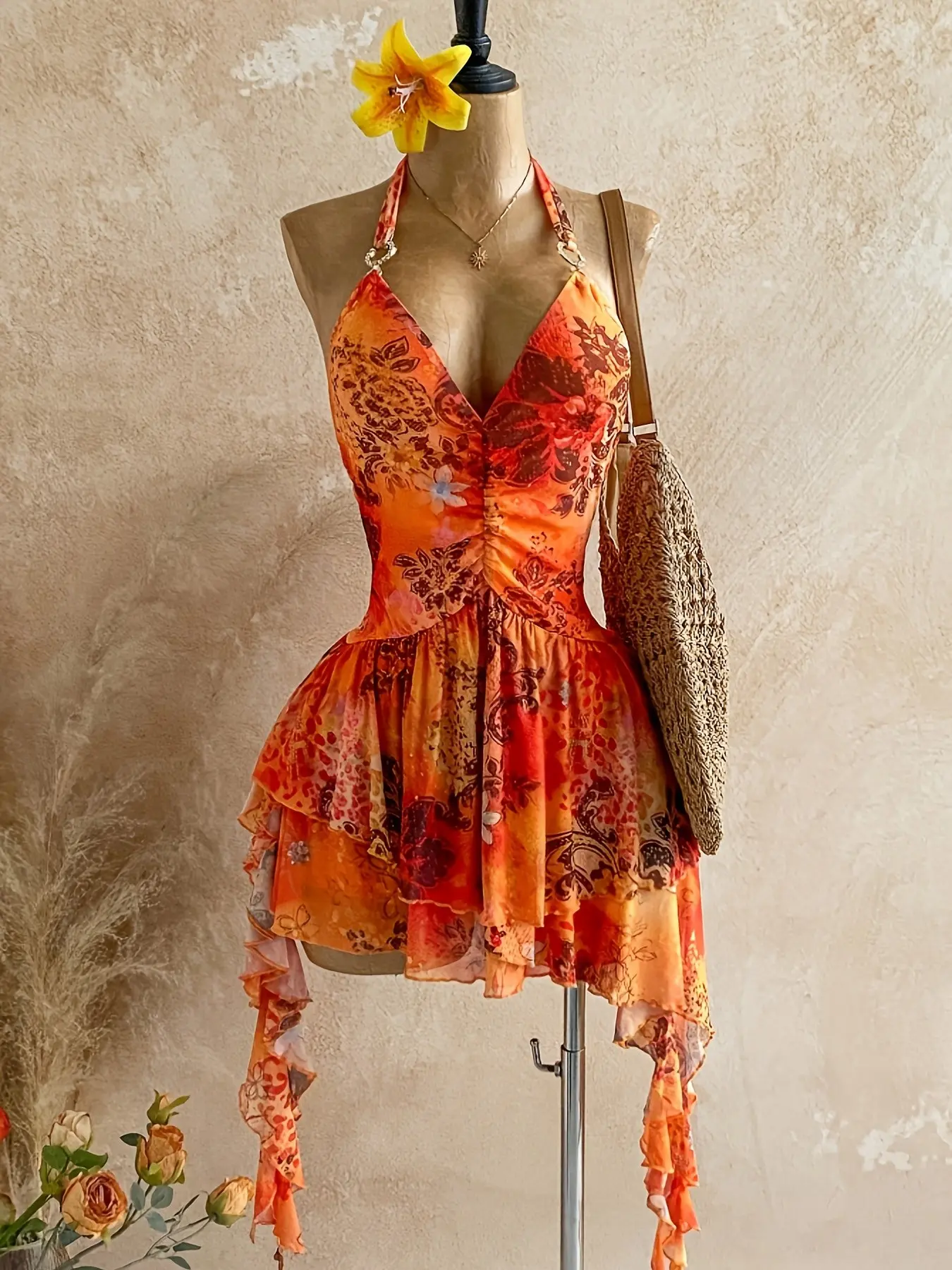 Elegant Floral Halter Neck Boho Summer Dress, Backless Waist Cinching Asymmetrical Irregular Hem Beach Babe Gown, Romantic Vacation Style Bohemian Chic Knit Mesh Print Dress, Casual Wear