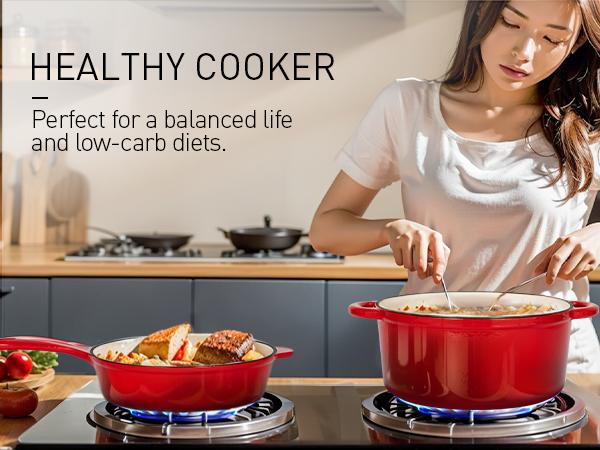 [Summer Vibes] Kitchen Academy Enamel Cast Iron 7 Piece Cookware Set, Dutch Oven Pot with Lid, Red Non Stick Pots and Pans set, Oven Safe up to 500°F Cooking Modern