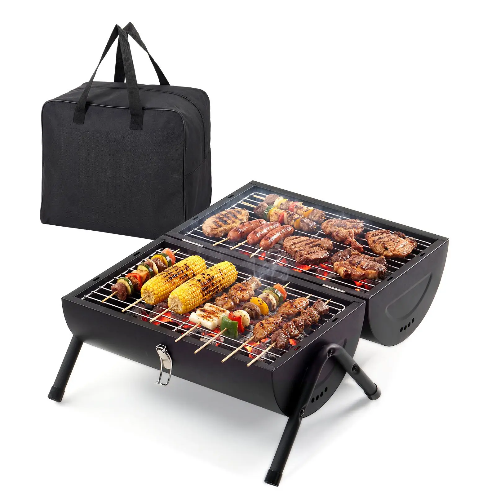 Portable Compact Black Charcoal Grill - Outdoor Cooking Equipment with Double-Side Carbon Tray, Stainless Grate, Carry-Bag, Lightweight Design, Wood Compatibility, Tabletop or Ground Use for Camping, Beach Picnics