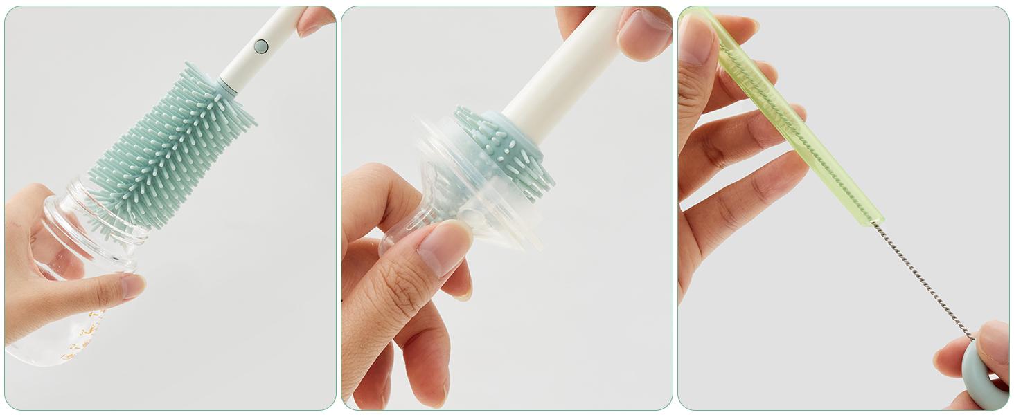Momcozy Bottle Brush Kit, Innovative Push-Press Design for Better Cleaning - Baby Bottle Cleaner Brush for Baby Bottle, Breast Pumps, Nipples, and More - Can Generate Foam for Better Cleaning, Green