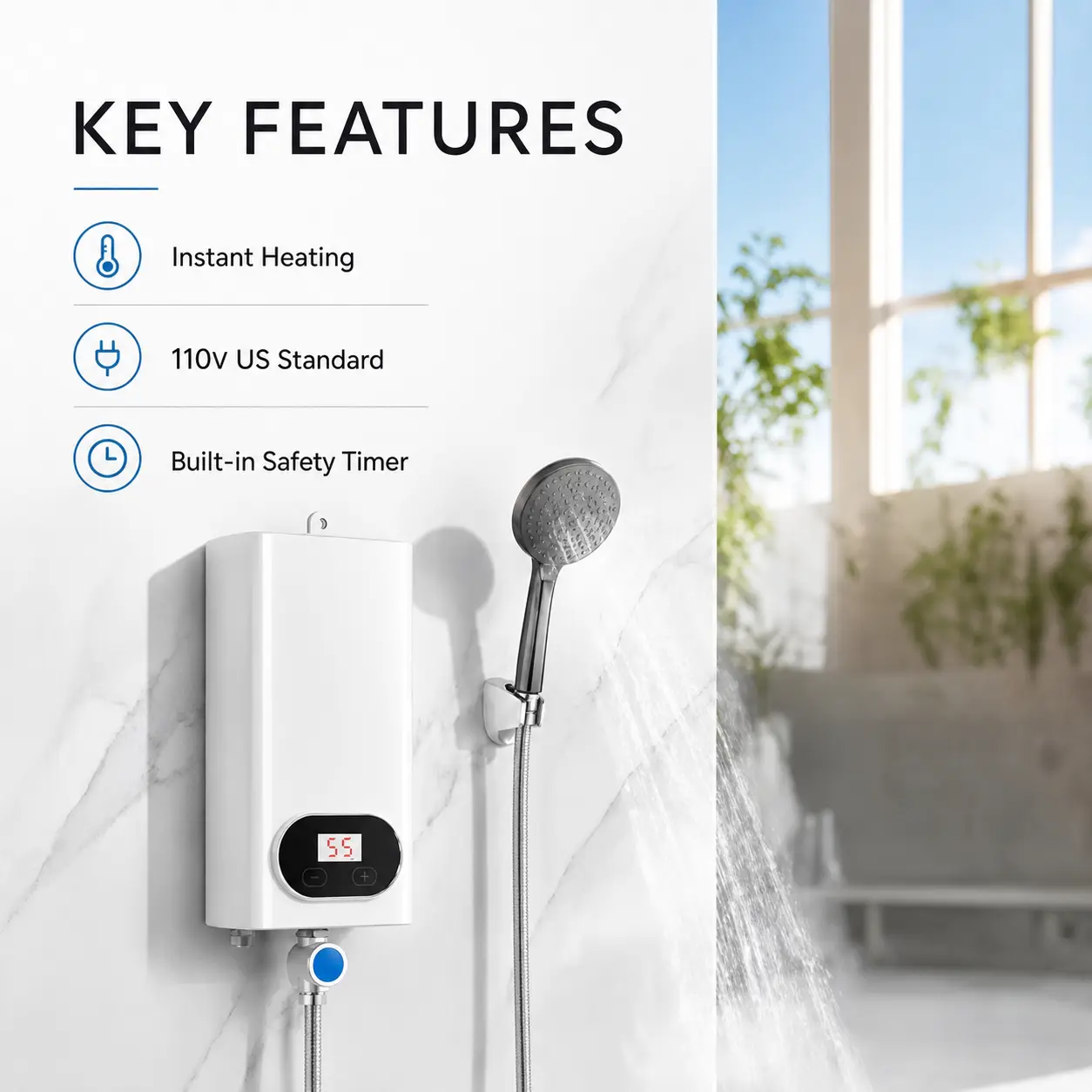 3500W 110V Instant Water Heater with LCD Display, Shower Kit, Single-Point Use Household Appliances for Home, RV
