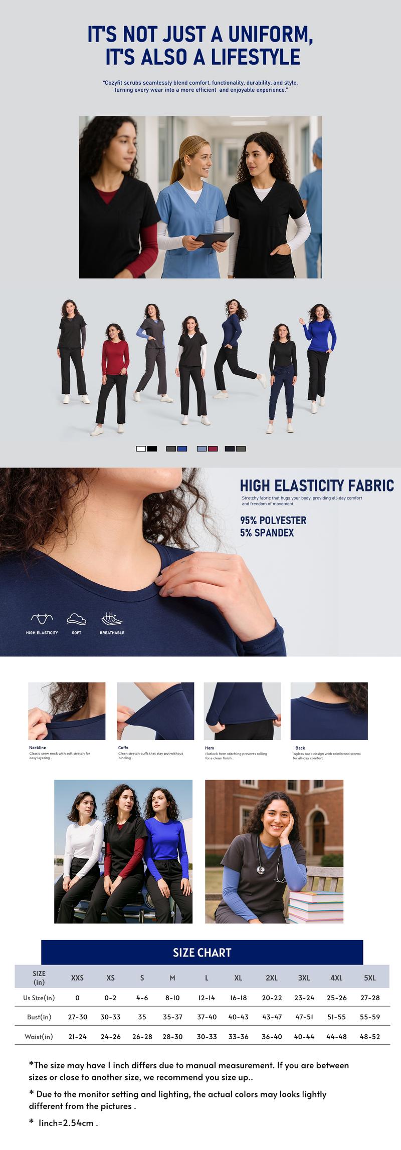 COZYFIT 3 Pack Scrub Undershirts Long Sleeve Women - Underscrub Comfort Tee