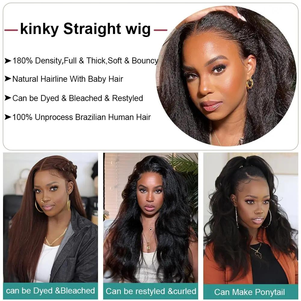 Bling Hair 180 Density Kinky Straight Glueless 360 Lace Frontal Wigs for Black Women 13x6 HD Lace Frontal Wig Preplucked Natural Black Color Soft Healthy Full Density