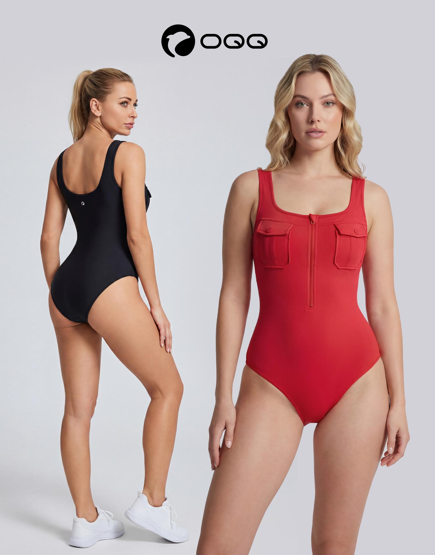 OQQfitness Womenswear Bodysuit Daily Top Two Pockets Minimalist Zip Sleeveless Fitted Elegant Underwear for All Seasons, Machine Washable