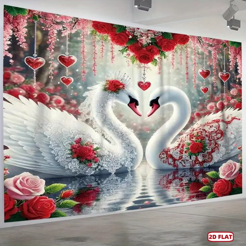 Floral Romantic Flower-Winged White Bird & Rose Polyester Tapestry - 2D Flat, Heart-Shape Red Pink Flowers, Easy-Hang No-Installation Indoor Home Supply, Birthday Party Backdrop, Indoors