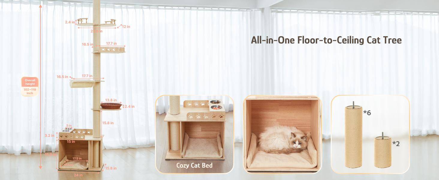 Adjustable Height Cat Tree Tower (102-118 inches ) 5-Tier Hemp Scratching Post Indoor/Outdoor Sturdy Cat Activity Center with Perches