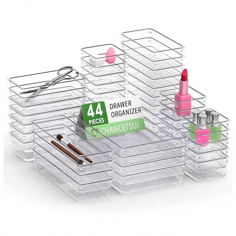 44pcs Clear Plastic Drawer Organizer Set, Plastic Non Slip Non Cracking Kitchen Drawer Storage Tray Large Size Divider, Multifunctional Storage For Cosmetics, Bathroom, Tools, Kitchen And Office