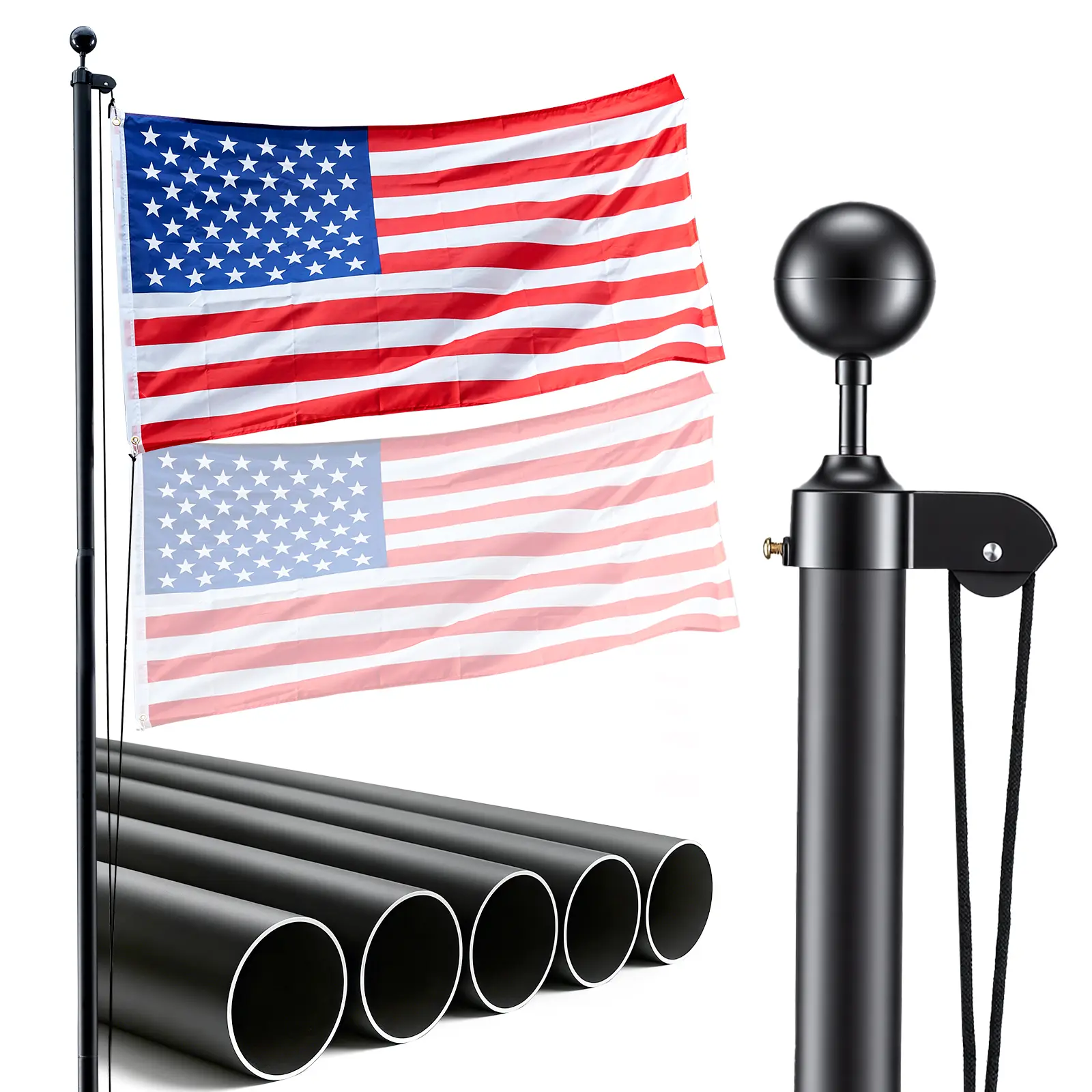 【SummerFinds】VEVOR 20ft Heavy Duty Sectional Aluminum Garden Flag Pole Kit with Pulley System, Extra Thick Outdoor Pole for Residential Yards, Reduces Shaking, Greater Stability, Long-Distance Visibility, Includes 3x5 American Flag, Black