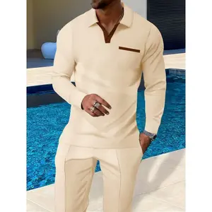 Men'S Casual Polyester Knit Set - Long Sleeve Lapel Collar Pullovers With Pockets, Breathable Lightweight Solid Color, Slight Stretch, Regular Fit For Spring/Fall, Includes Belt - 100% Polyester Polo Sweater Menswear