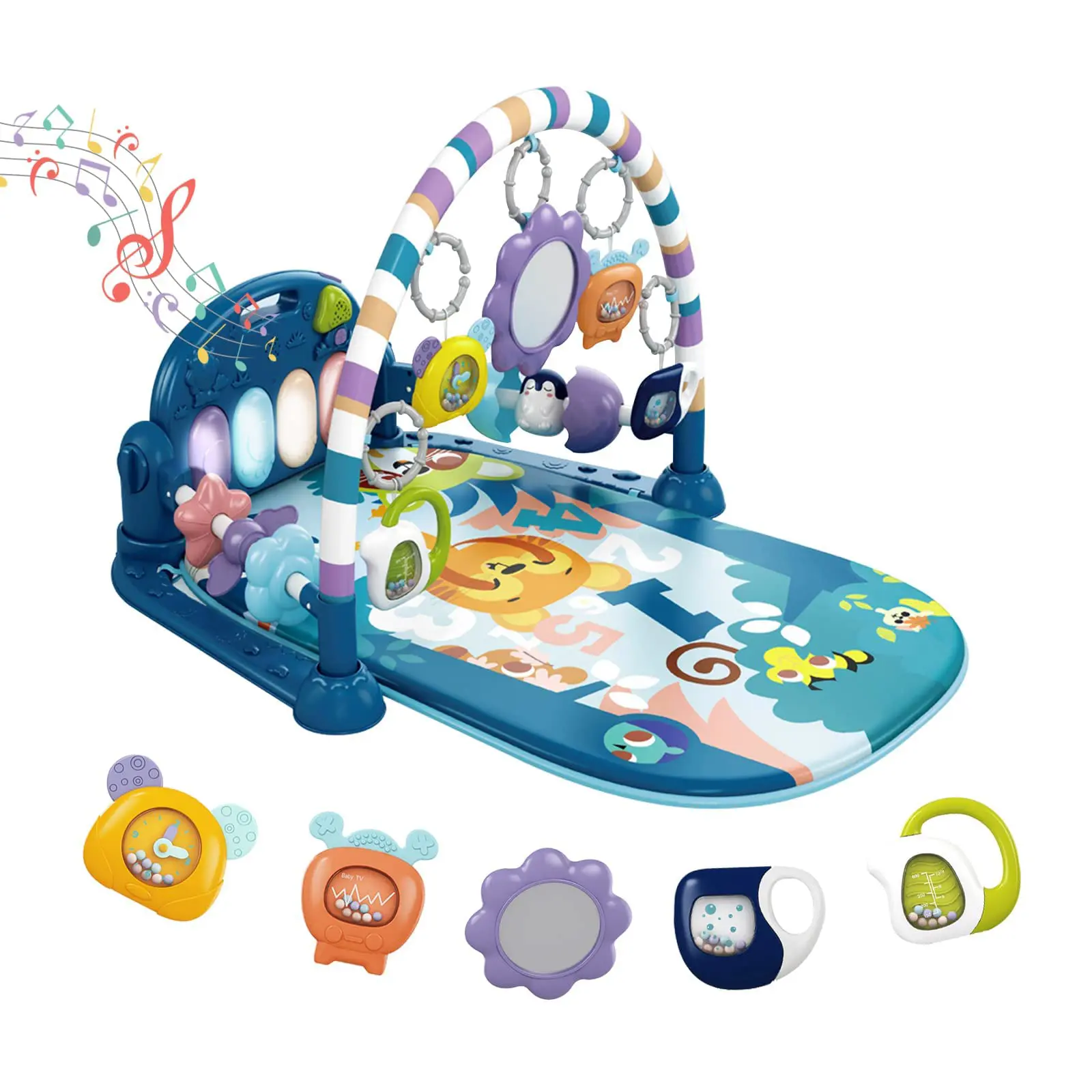 dearlomum Baby Play Mat Baby Gym Blue Tiger with 5 Sensory Toys Music Lights for Newborn Boys Girls 0-36 Months Nursery Cute