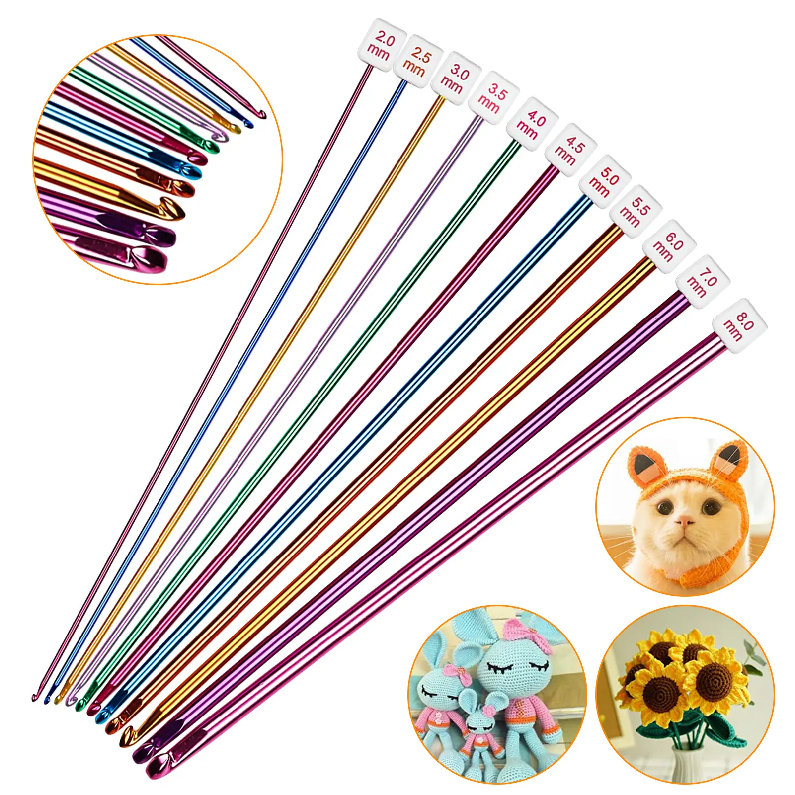 11Pcs Tunisian Crochet Hook Set - Multicolored Aluminum Knitting Needles,2-8mm Long DIY Craft Knitting Tools,Gift for DIY Craft Beginners