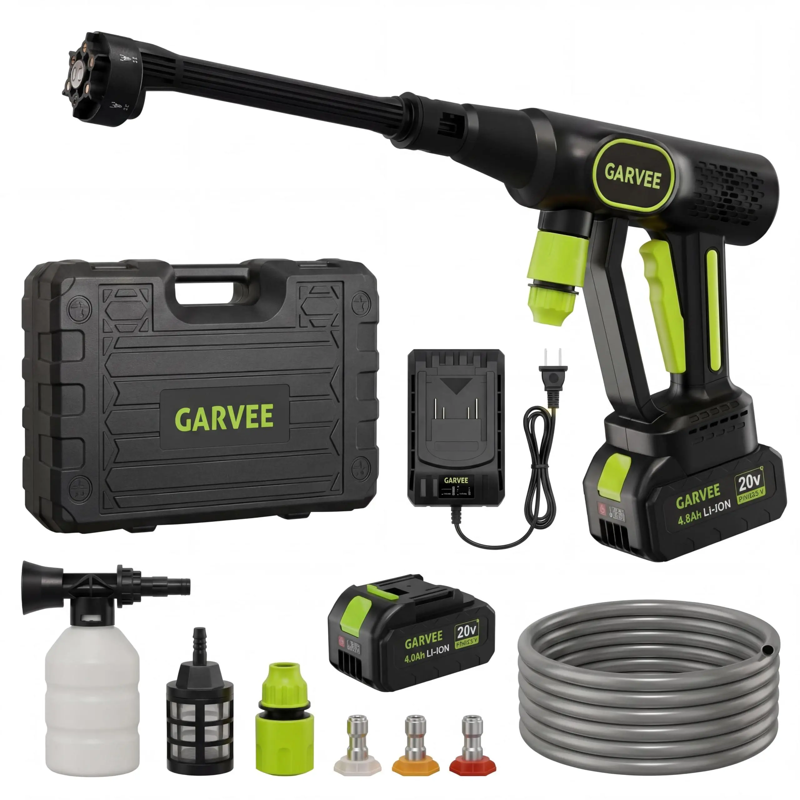 Gaomon 20V Series Cordless Pressure Washer, Lithium-Ion Portable Brushless Motor Power Cleaner with 6-in-1 Nozzle, Foam Cannon, 26ft Hose, Rechargeable Battery, Charger for Car, House Cleaning, Pressure Washer Attachment, Portable Pressure Washer