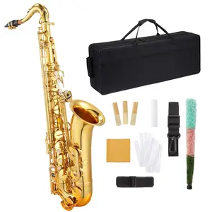 Brass Bb Tenor Saxophone Set with Case-Includes Cork Grease,Cloth, Shoulder & Leather Strap,Brush,Gloves & Reed-Perfect for Beginners & Performances