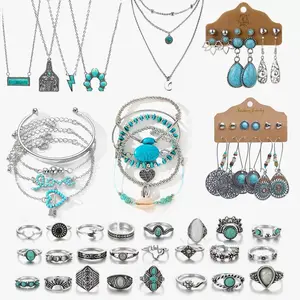 Turquoise Bohemian Set Necklace Dangle Earrings Stackable Bangle Knuckle Rings Western Boho Anniversary Birthday Friendship Gift
