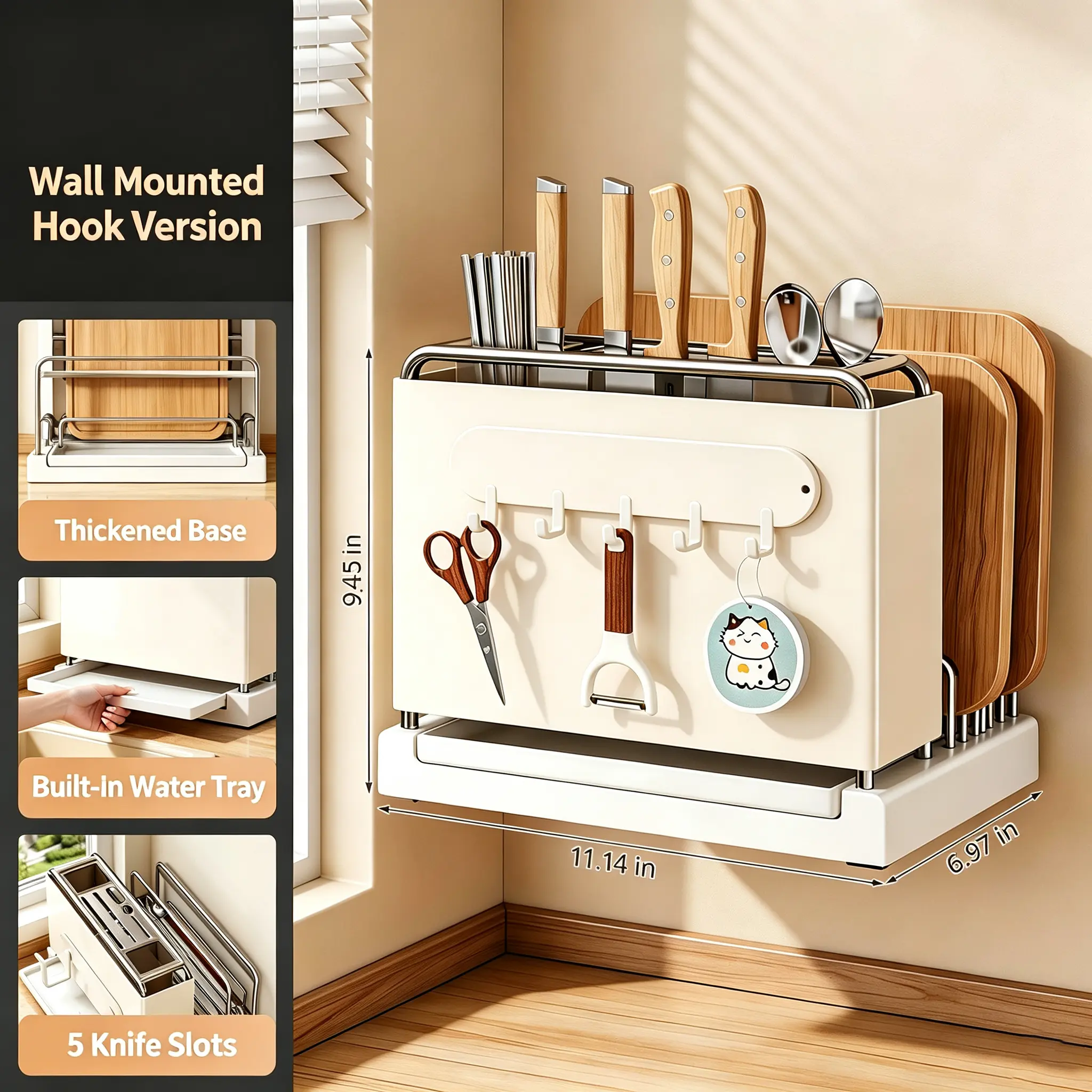 Wall Mount & Countertop Kitchen Knife Block Organizer, Multifunctional Cutting Board Holder with 5 Knife Slots, Double Chopstick Spoon Utensil Holder, Magnetic Hooks & Removable Drip Tray, Rust Proof Stainless Steel Kitchen Storage Rack