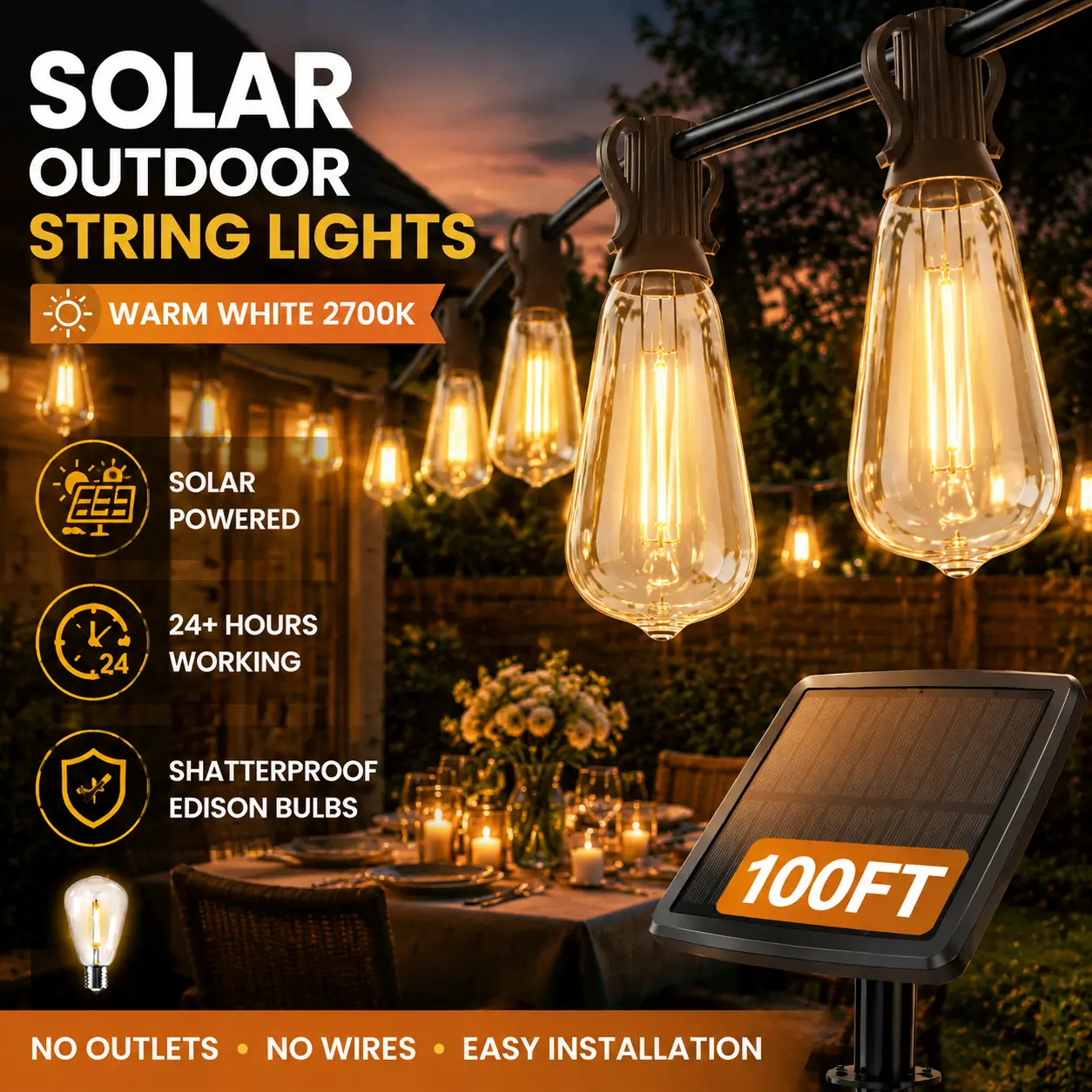 DAYBETTER Solar String Lights Outdoor 50FT 100FT 120FT 150FT, Waterproof Shatterproof Edison Bulbs, 2700K Warm White Patio Lights for Backyard Garden Porch Party Decor