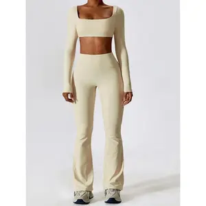 Women's Solid Square Neck Crop Top & High Waist Flare Leg Pants Tracksuit Set, Sporty Mufti Clothes, Fall Clothes, Longsleeves Top & Bell Bottom Trousers Two Piece Set Tracksuits for Yoga Work, Flared Leg Pants, Athletic Wear, Fallfreshness Clothes