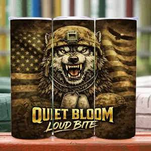 Quiet Bloom Loud Bite Wolf Tumbler | Patriotic Wolf Tumbler | Military Wolf Cup | 20oz Skinny Stainless Steel Tumbler