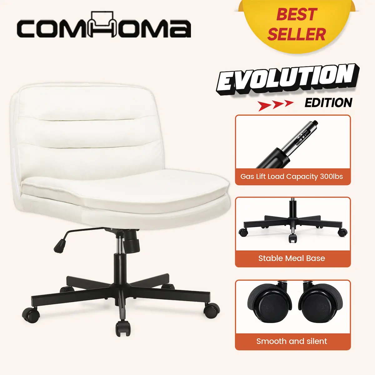 COMHOMA Modern Height-Adjustable Armless Plus-Size Crisscross Upholstered Swivel Office Chair - Smooth Rolling Wheels, Sit Cross-Legged Design, Ergonomic Swivel Chair for Home Office Desk Use, Upholstered Swivel Chair