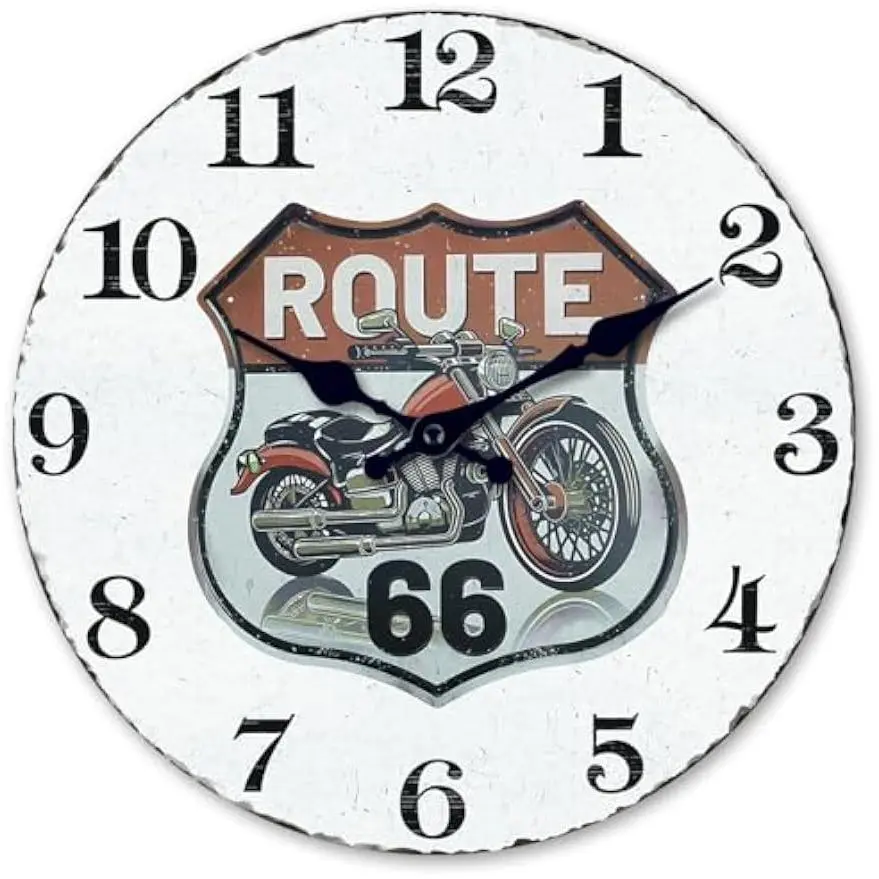 12 Inch Wood Garage Clocks for Men | Motorcycle Retro Route 66 Decorative Wall Decor for Home Garage Man Cave Bedroom Silent Wall Clock for Bedroom