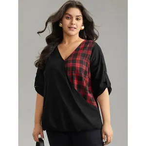 【Summer Turn-Up】【V-neck】BlOOMCHIC Plus Size Plaid Patchwork Wrap Tab Sleeve Blouse [M-6X] 2026 Summer Pick for Mother's Day Fit Top Swimweek