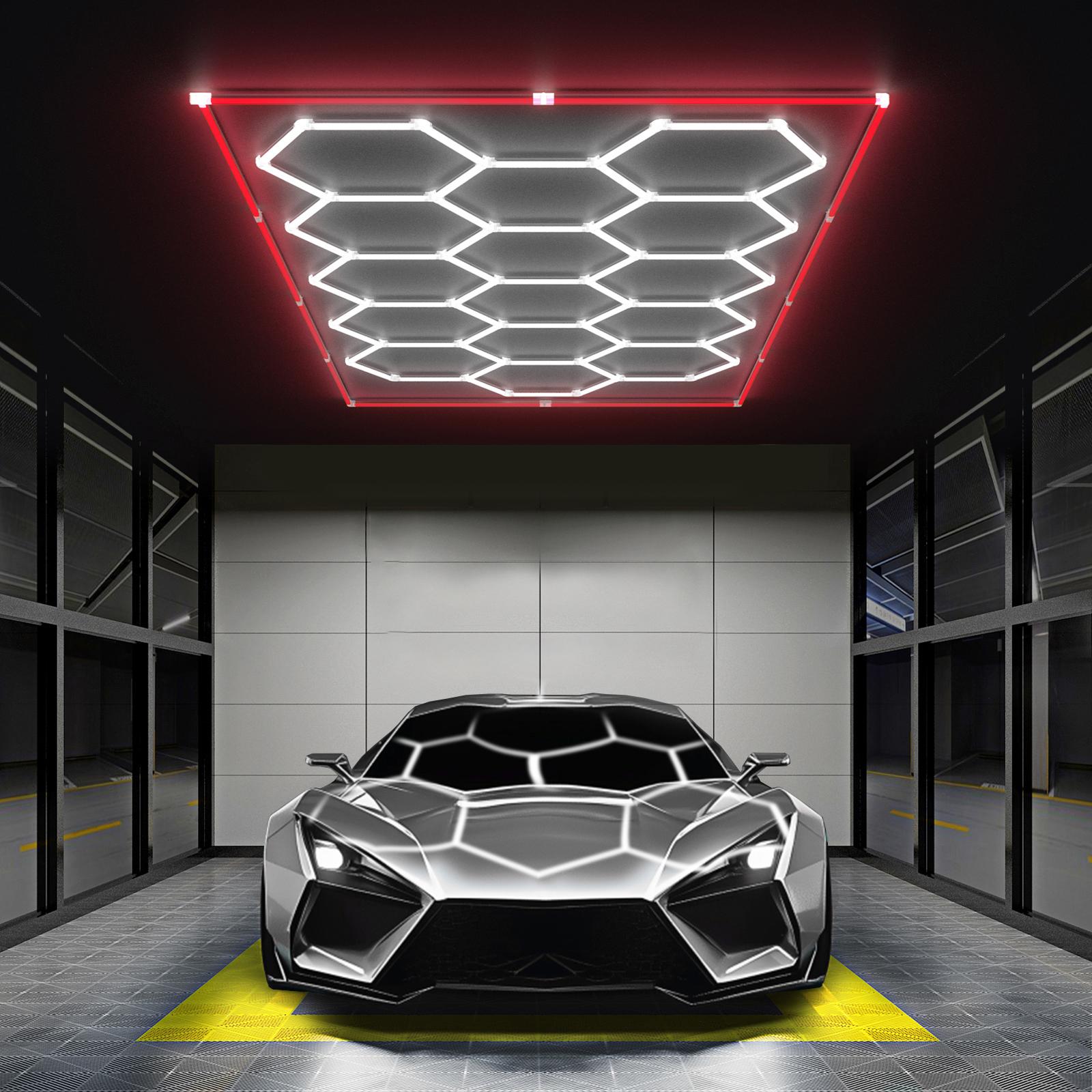 HYPERLITE All-New Creative Design 624W Hexagon DIY LED Garage Light 62400LM Honeycomb Ceiling Lighting System with Colorful Outer Frame 15-Grid DIY Plug-in Setup for Car Detailing Shops Basements Warehouses SpringGlowUp Upgraded Build