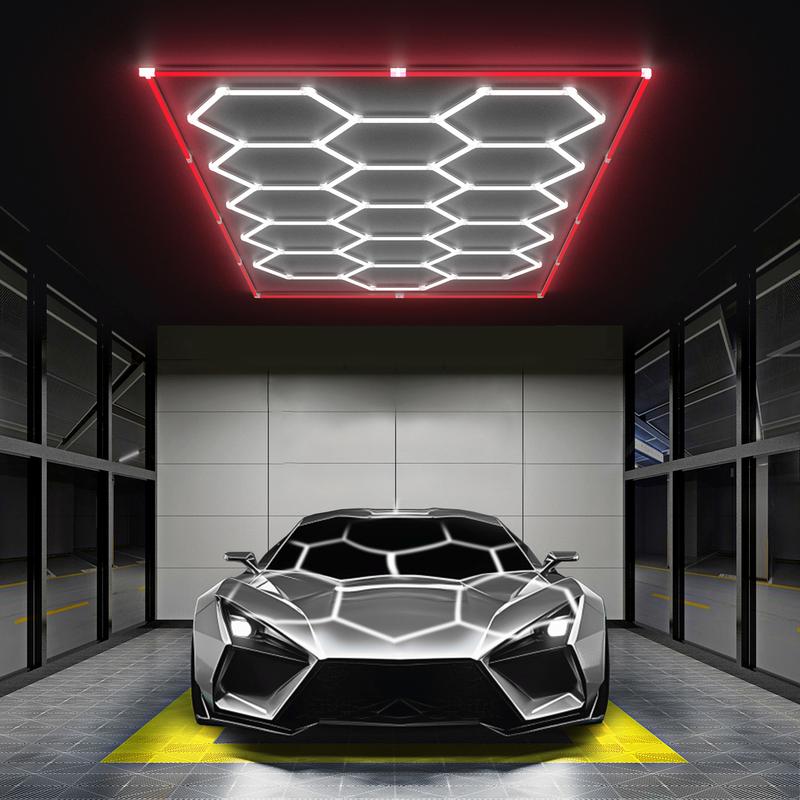 HYPERLITE All-New Creative Design 624W Hexagon DIY LED Garage Light 62400LM Honeycomb Ceiling Lighting System with Colorful Outer Frame 15-Grid DIY Plug-in Setup for Car Detailing Shops Basements Warehouses Jumpstart newyear