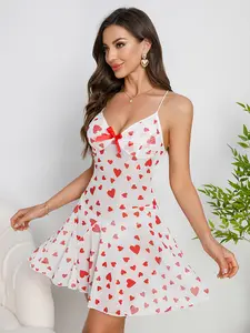 B2LOVER Women Nightgown Sexy V Neck Spaghetti-strap Sleepwear Tie Back Adjustable Backless Pjs Heart-Printed Semi-Sheer Lounge Dress