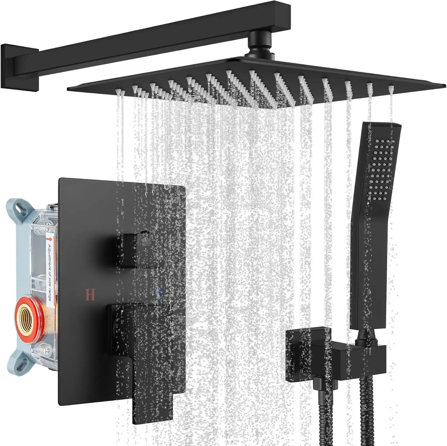 Rainfall Bathroom Shower System Rain Shower Head and Handle Set Wall Mounted Shower Complete Combo Solid Brass Pressure Balancing Shower Mixer Valve 10 Inch Matte Black
