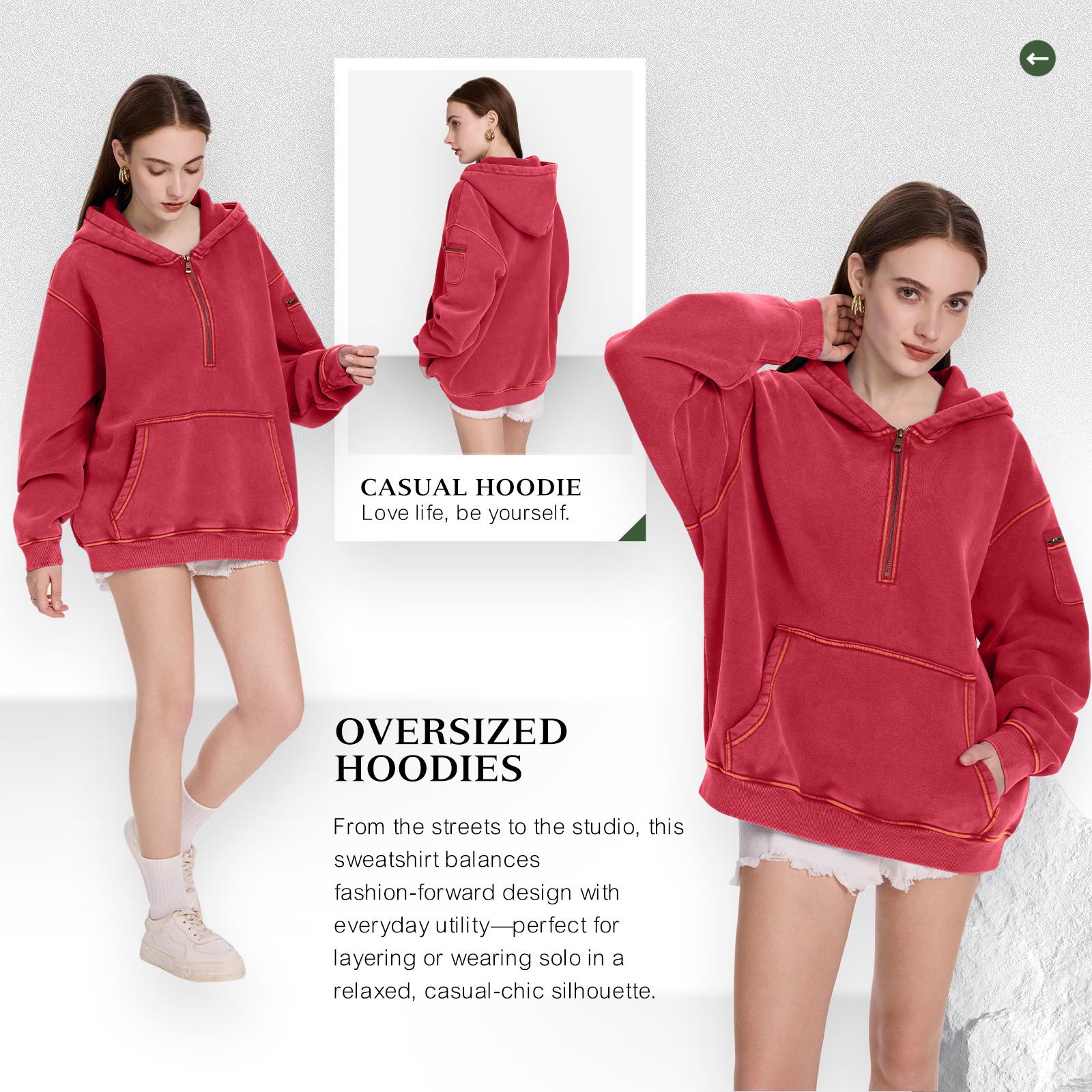 FAIABLE Unisex Oversized Hoodie for Women Men Vintage Acid Washed Heavyweight Fleece Half Zip Pullover with Kangaroo Pocket & Earbud Sleeve Pocket Casual Aesthetic Streetwear Style Essential Hoodies Comfort Hoodies Zip Hoodie