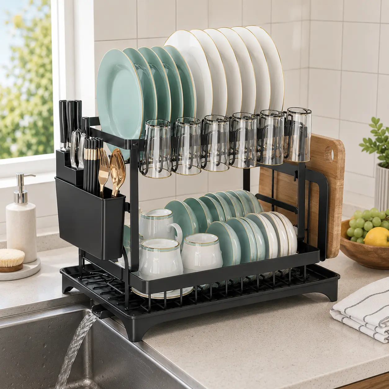 2-Tier Dish Rack for Kitchen Counter & Sink - with Drip Tray and Utensil Holder - Stainless Steel Dish Drainer, Kitchen Storage & Organization Organizer large dish drying rack