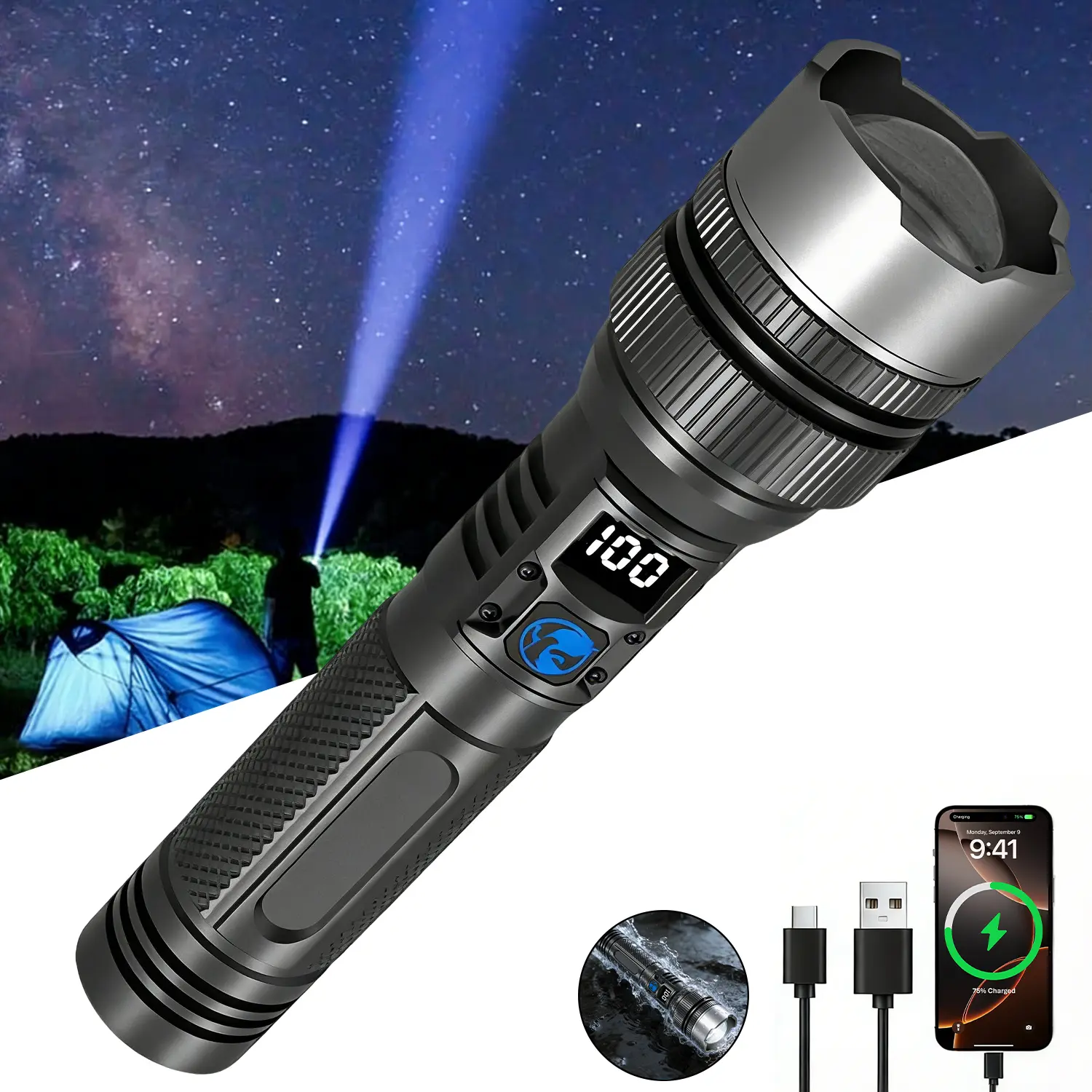 Rechargeable Pocket Flashlight 2200 Lumens Zoom Wide to Spotlight, Magnetic Mount & Output Port, 7 Lighting Modes, Ultra-Powerful LED Flashlight for Camping/Hiking/Emergency BackToSchool outdoorfun