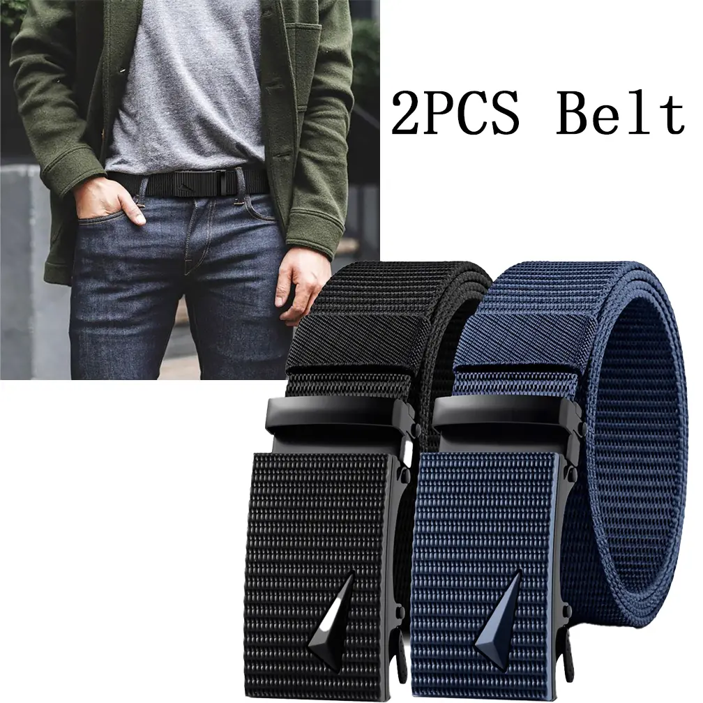 Men's Tactical Belts, 2 Pack, Casual Nylon Ratchet Belt with Automatic Lock, Lightweight and Breathable, Trim-to-Fit Adjustable Strap, Men's Accessories, Tactical Accessories, Nylon Fabric, Adjustable Fit, Ratchet Buckle
