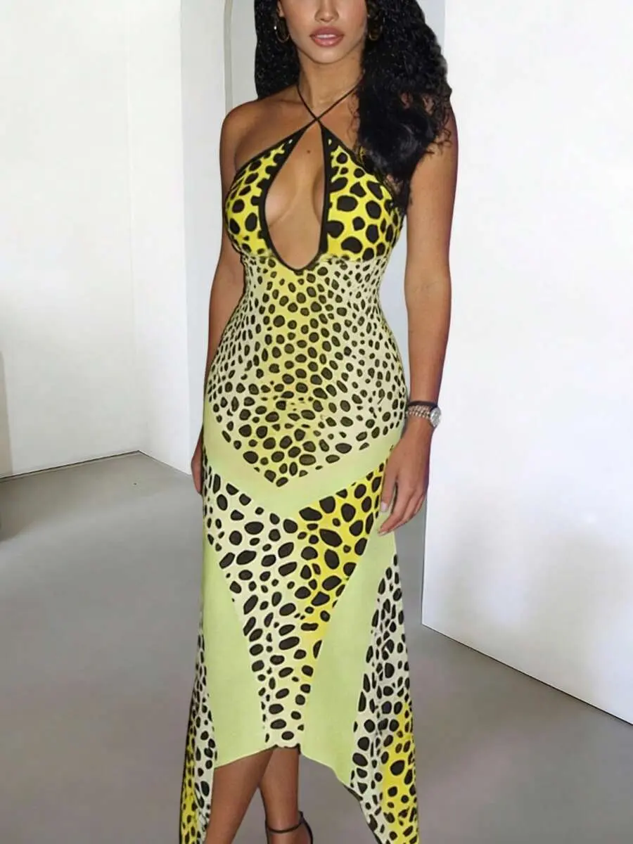 SLAYDIVA Summer Leopard Print Backless Bodycon Slip Dress, Party & Nightclub Wear