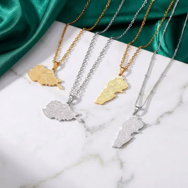 CIGAQONI Sacred Soil Palestine Iraq Map Necklace Arabic Calligraphy Pendant 18K Gold Plated Stainless Steel Islamic Heritage Jewelry Patriotic Gift for Women Men