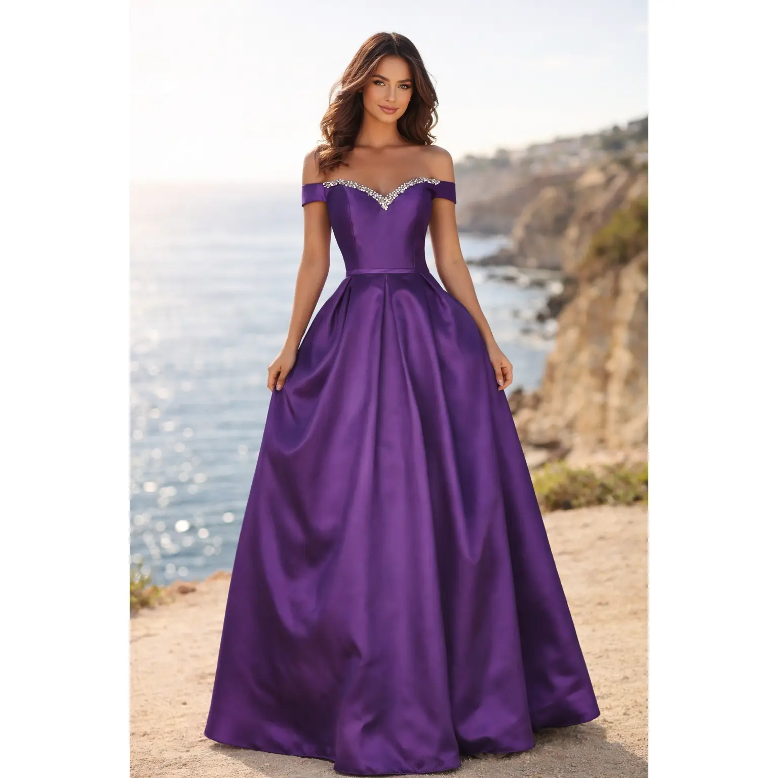 Women's Elegant Mikado Ball Gown with Beaded Off-Shoulder Neckline - Plus Size Formal Prom Dress with Pockets & Lace-Up Back, Lady, Floor Length, Hidden Pockets, Lace Back, Sleeveless, Structured Mikado Fabric