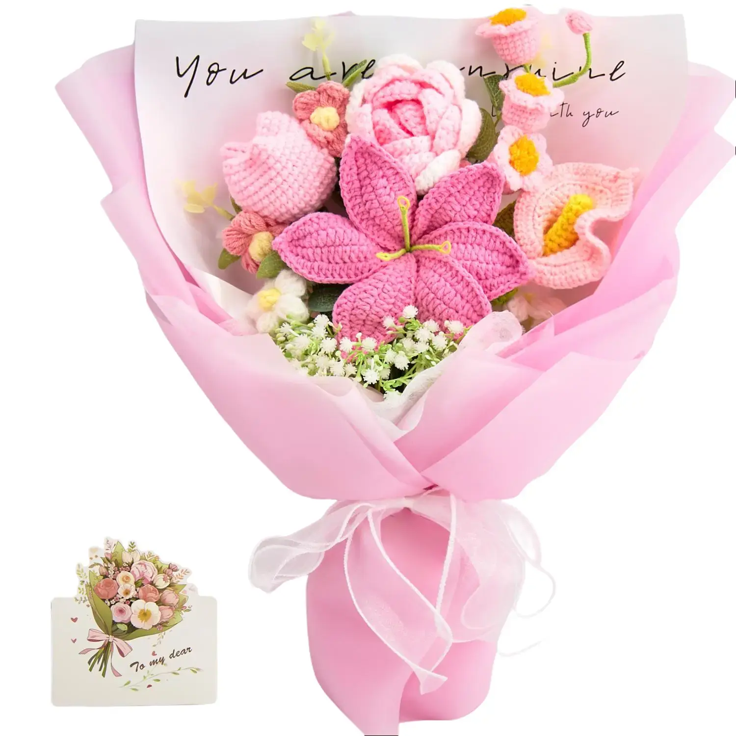 YShomy Handmade Crochet Flowers Bouquet Back to School Gift Teacher Gift Student Gift Birthday Gift Gift Anniversary Gift Just Because Gift Graduation Gift with Rose Tulip Lily of the Valley Calla Lily Forever Flowers Greeting Card US Fast Shipping