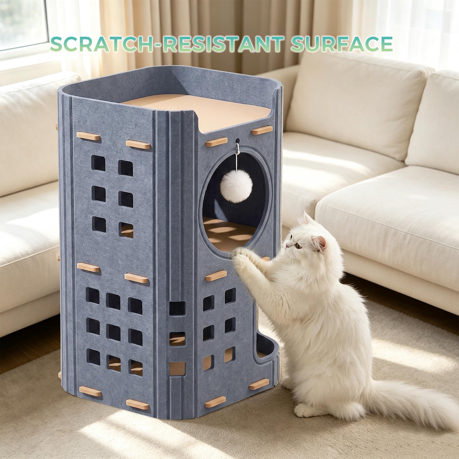 2-Tier Detachable Felt Cat Tower House Multi Level Cat Cave Condo with Hanging Pom-pom Toy Scratch Pad Base Breathable Hollow Window Design Indoor Large Space Cat Shelter for Kittens Adult Ca