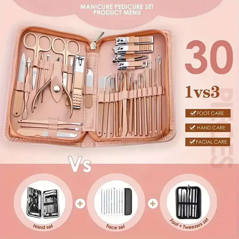 Premium 30 complete Nail Clipper Manicure Tool set - professional pedicure bag with portable box, nail clippers, knives, and beauty essentials for travel and home use, perfect for gifts