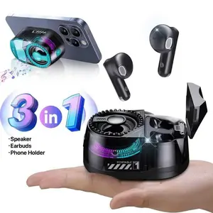 Portable Magnetic Bluetooth Speaker & Wireless Earbuds Combo with RGB Lights, 3-in-1 Travel Gadget, Magnetic Mount Phone Holder for Music Lovers