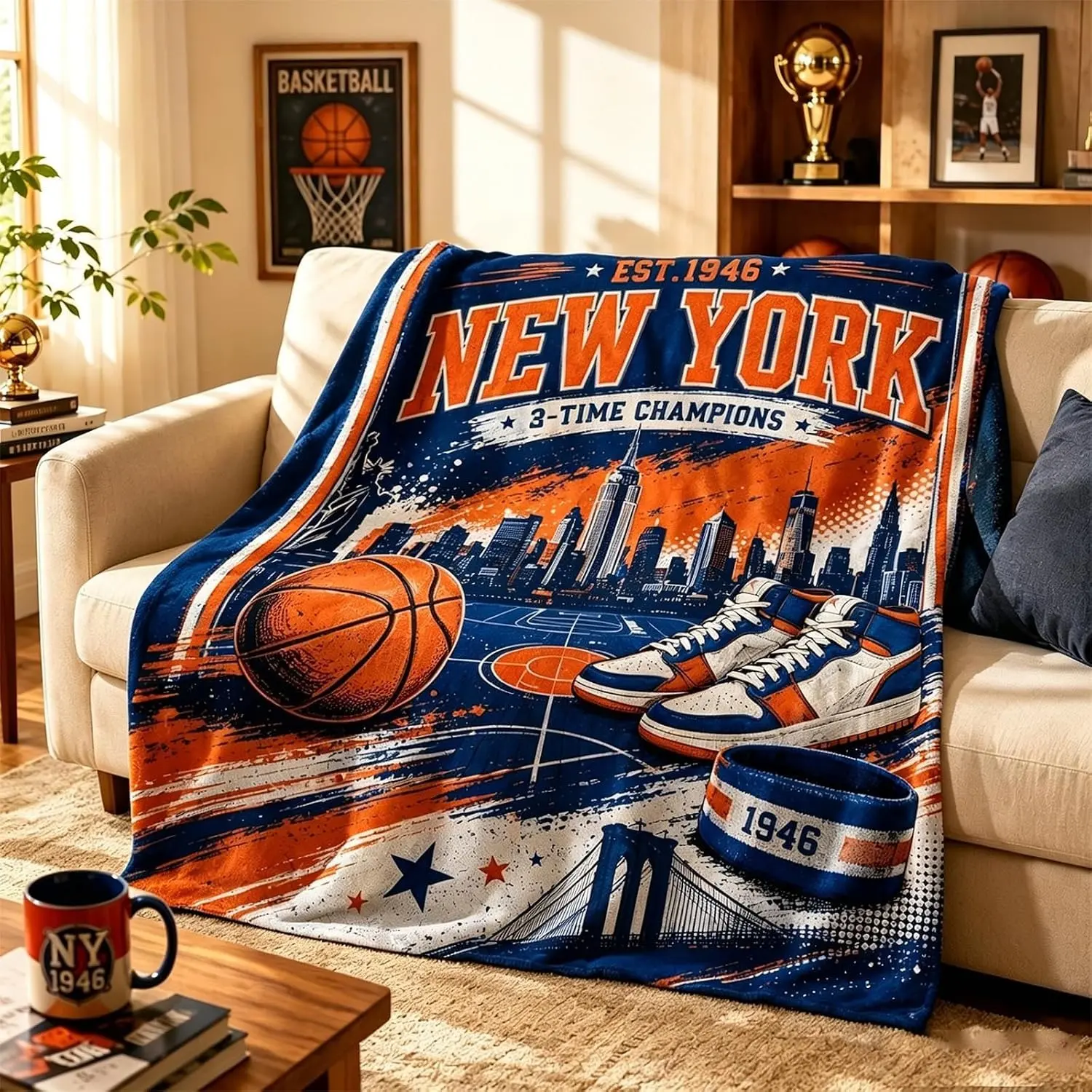 Classic New York Basketball Print Throw Blanket - Soft, Machine-Washable City Skyline Sports Throw for Fans, Game Nights, Home Use, Relaxing at Home, Cozy Room Decor Gift, Cozy And Versatile
