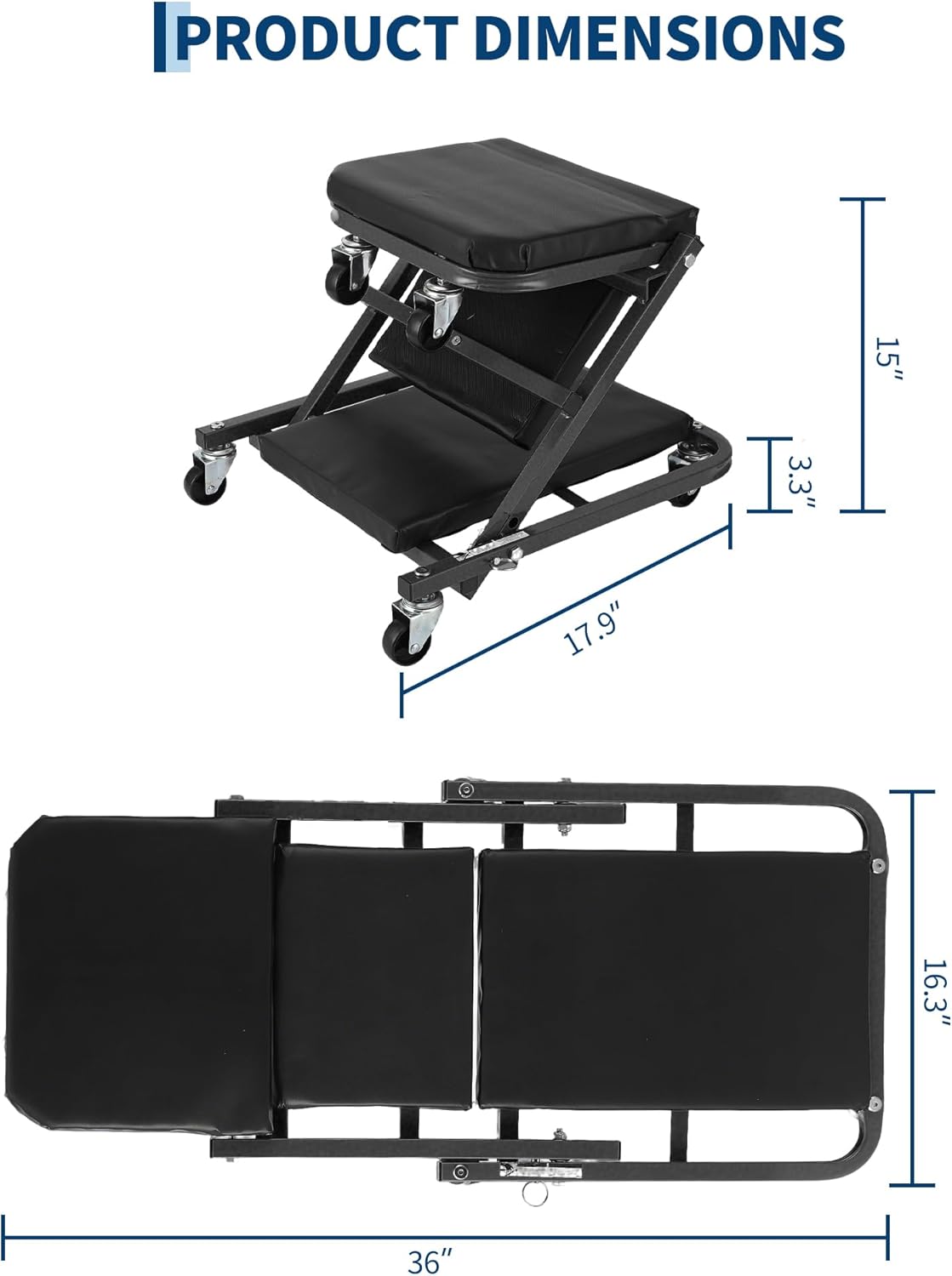 36-inch Z-Creeper Seat with Wheels, 2-in-1 Folding Garage Seat, 330 lb Capacity, Under-Car Automotive Mechanic Repair with 6 Swivel Casters