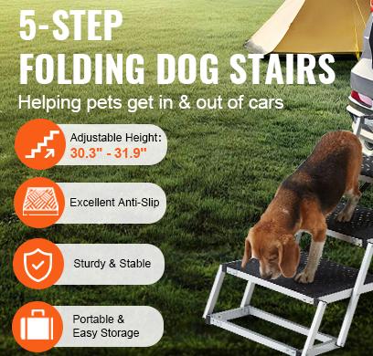 5-Step Folding Dog Steps with Non-Slip Surface ，Heavy-Duty Dog Car Steps, Non-Slip Aluminum Dog Ramp, Portable Pet Ladder with Carry Bag