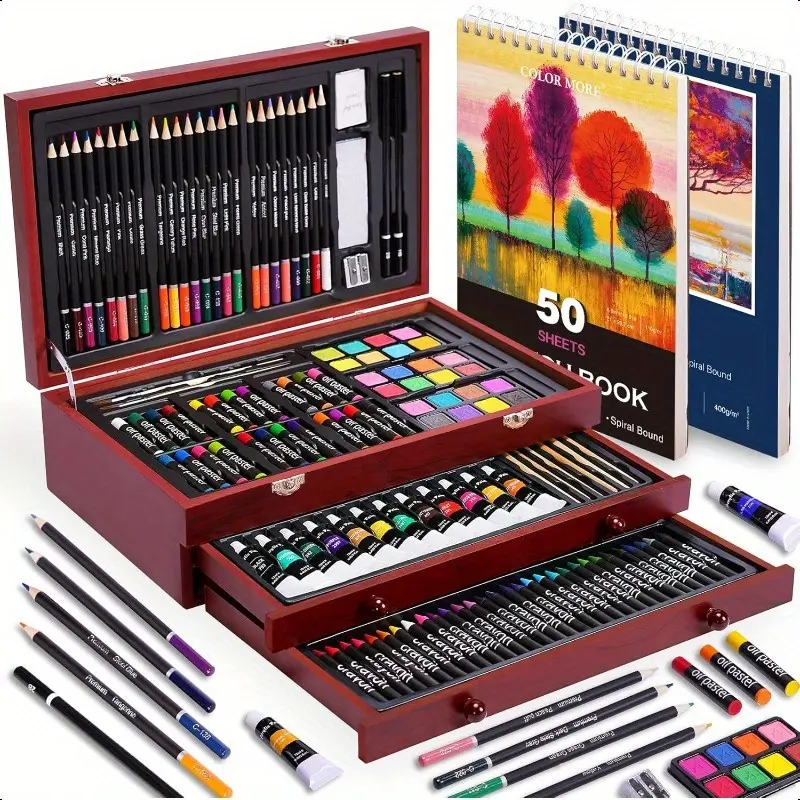 WoodMuse Plus 175pcs Deluxe Painting Kit - Wooden Case, 2 Sketch Pads, Acrylic Paints, Crayons, Drawing Tools - Professional Office Stationery for Adults