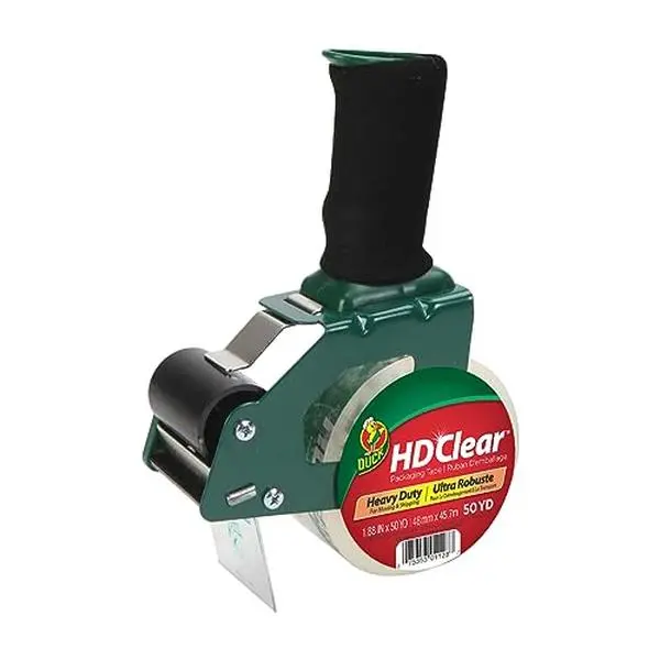 Duck HD Clear Packing Tape Dispenser Heavy Duty Packaging Tape for Packing Boxes, Shipping and Moving - Includes 1 Refill Roll of HD Clear 1.88 In. x 50 Yards - Foam Handle (287398)