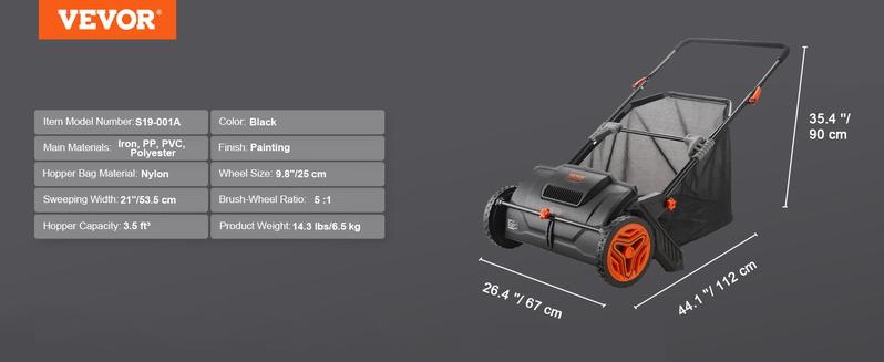 VEVOR Push Lawn Sweeper 21-Inch Leaf & Grass Collector with 3.5 cu. ft. Mesh Collection Hopper Bag,  2 Spinning Brushes & Strong Rubber Wheels VEVOR Super Brand Day