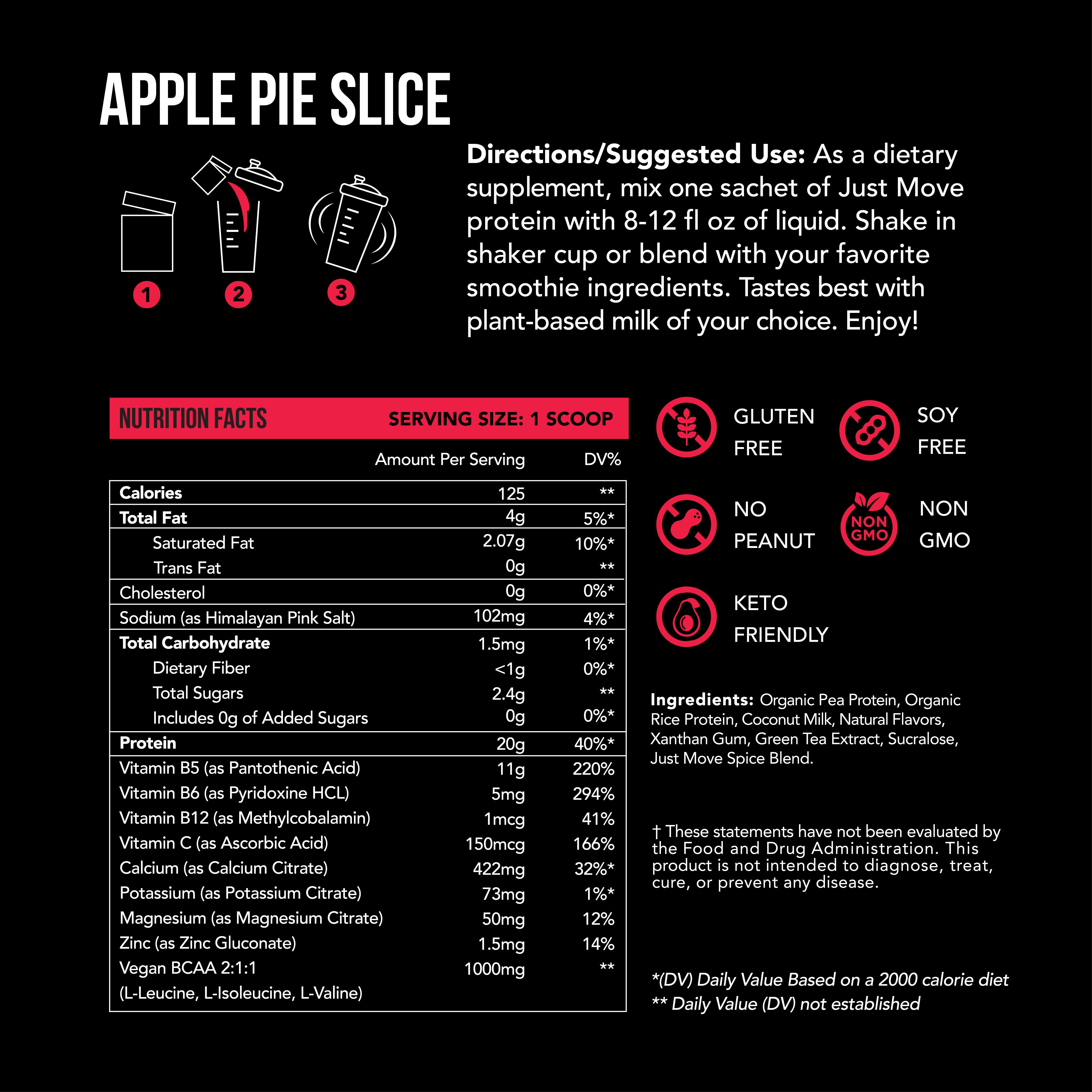 Just Move Protein - Apple Pie Slice - Vegan (Plant Based) Organic, Dairy Free, Soy Free, Gluten Free, Keto, Peanut Free, 20g Protein, Low Carb, Non GMO supplements protein powder loaded workout