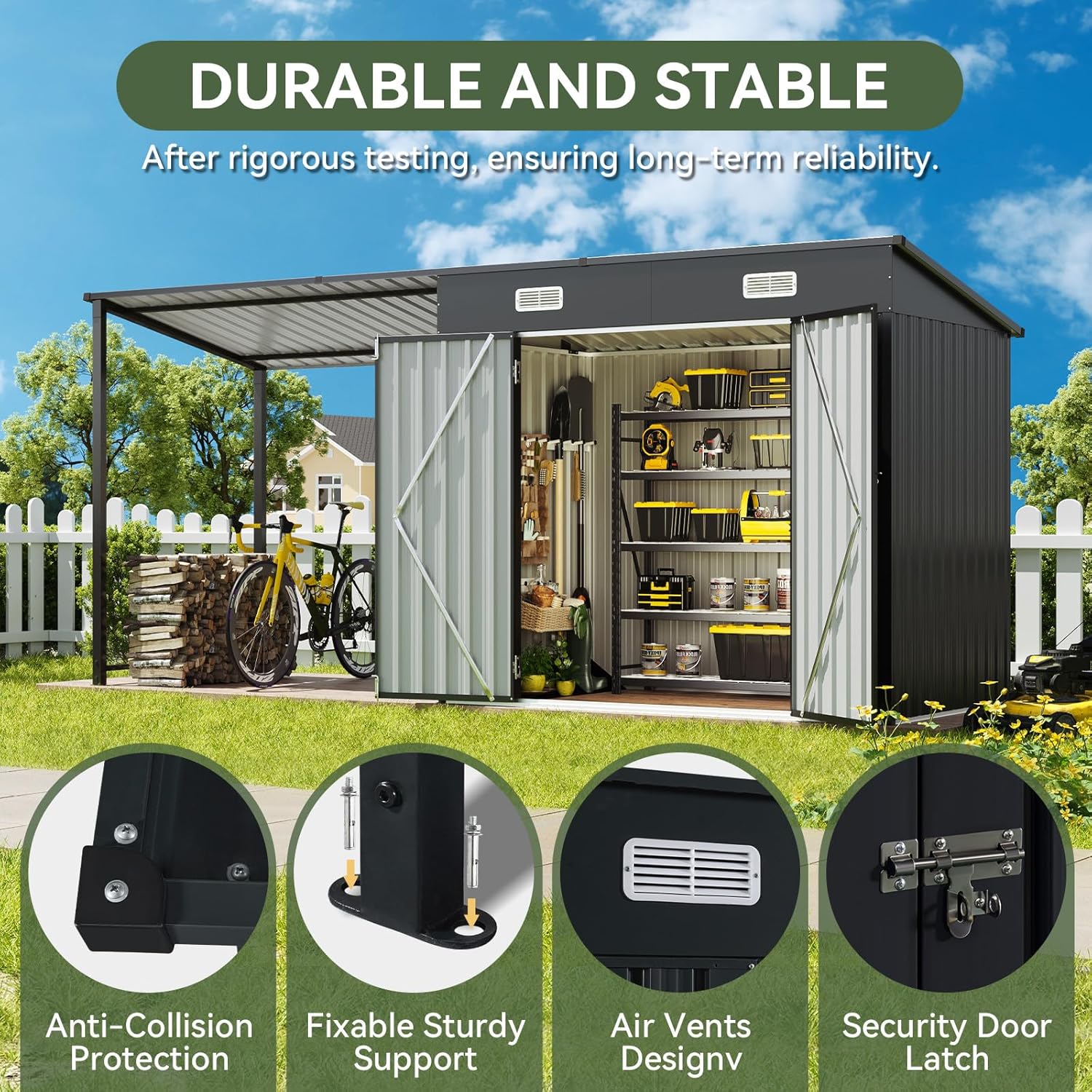 Aoxun 2-in-1 Metal Outdoor Storage Shed & Hardtop Gazebo Combo – 6x4ft Lockable Garden Tool Shed with 12x4ft Open-Sided Pergola, Durable Patio Shelter for Backyard, Deck & Generator