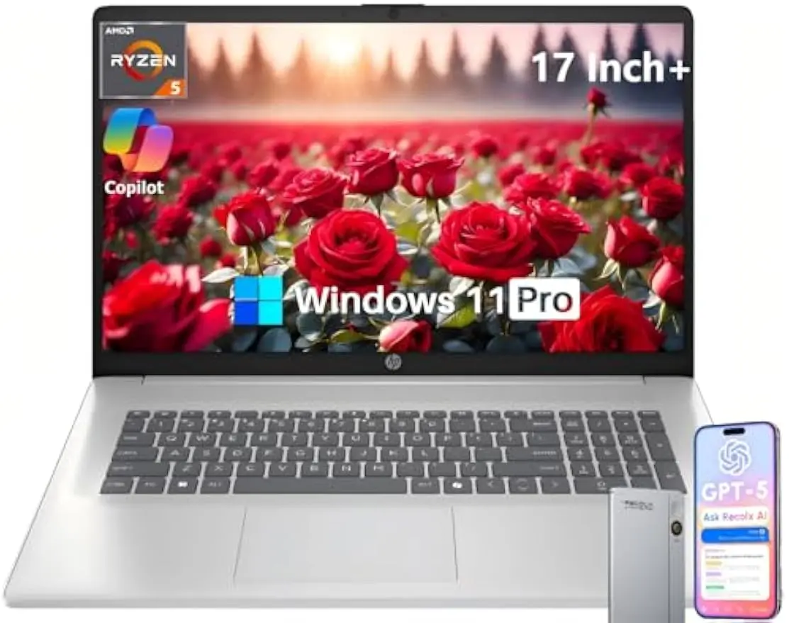 HP 17 Inch Laptop, 17.3" FHD IPS Display, AMD Ryzen 5 7430U (Up to 4.5GHz), 16 GB RAM, 1 TB SSD, Wi-Fi 6, Bluetooth 5.4, Windows 11 Pro, Copilot AI Key, Numeric Keypad, w/RECOLX AI Voice Recorder